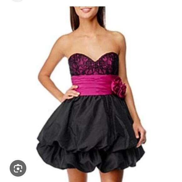 Betsey Johnson Evening Dress Size 2 Puffy Strapless Prom Black Pink Short Lace - Picture 1 of 11